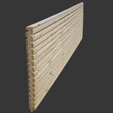 A natural wood slatted panel, likely a garden bench backrest or decorative wall panel, shown at an angle against a solid dark gray background.