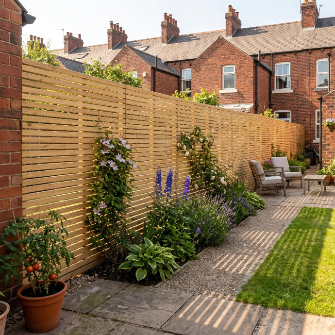 A modern wooden slat fence installed in a residential backyard, featuring a stone patio, potted plants, lawn, and outdoor seating under warm sunlight.
