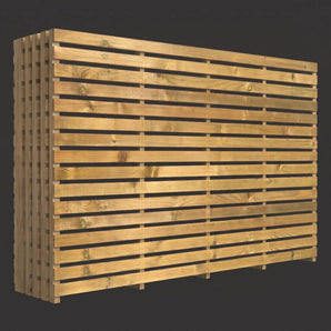 A stack of rectangular wooden slat panels with evenly spaced horizontal boards, shown at a slight angle against a dark gray background.