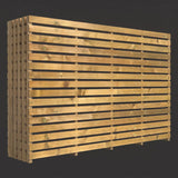 A stack of rectangular wooden slat panels with evenly spaced horizontal boards, shown at a slight angle against a dark gray background.