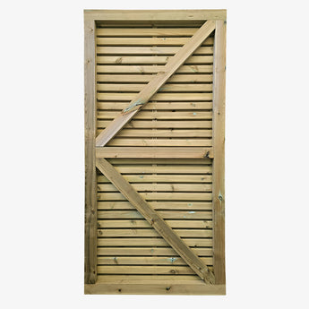 Double sided slatted timber garden gate back view
