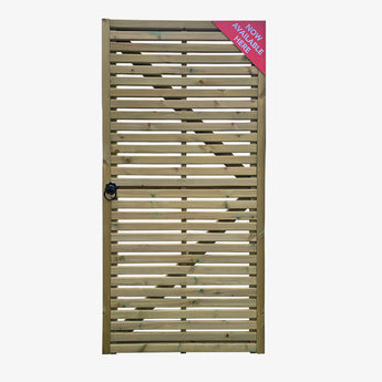 Single sided timber garden gate with modern slatted design