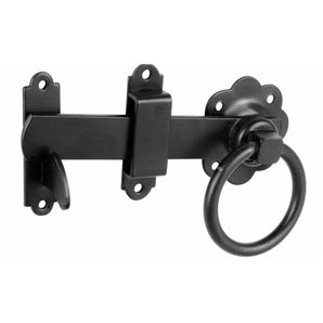 Black metal door handle and lock mechanism on a white background