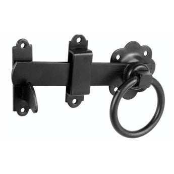 Black metal door handle and lock mechanism on a white background