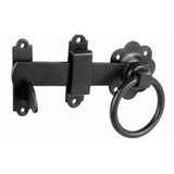 Black metal door handle and lock mechanism on a white background