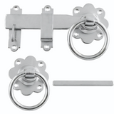 Set of silver door handles and latches on a white background