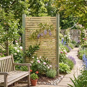 Garden wall trellis with climbing plants.