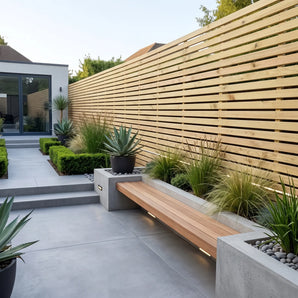 Modern outdoor patio scene with a long wooden bench integrated into a concrete planter bed, set against a tall horizontal slat wooden fence with landscaped plants and a concrete walkway.