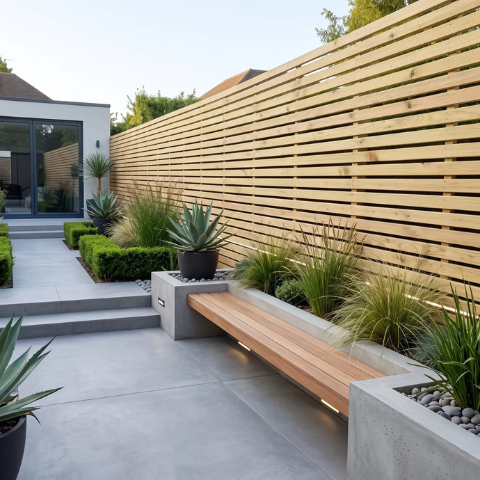 Modern outdoor patio scene with a long wooden bench integrated into a concrete planter bed, set against a tall horizontal slat wooden fence with landscaped plants and a concrete walkway.