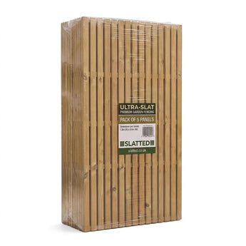 A shrink-wrapped pack of five natural bamboo garden fences from Slatted, standing upright against a plain white background.