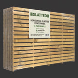 A 5-pack bundle of Slatted Fence Panels wrapped in clear plastic, showing five wooden slatted panels stacked together against a dark gray background.
