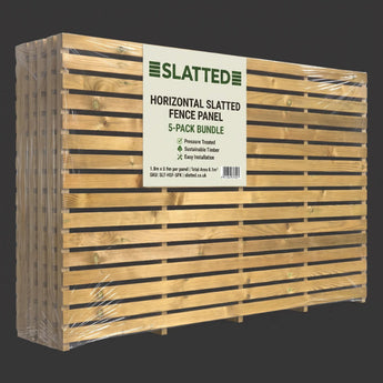 A 5-pack bundle of Slatted Fence Panels wrapped in clear plastic, showing five wooden slatted panels stacked together against a dark gray background.