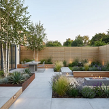 horizontal slatted fencing in modern garden