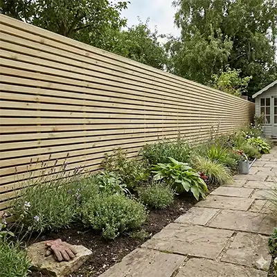Modern horizontal treated fence panels in garden